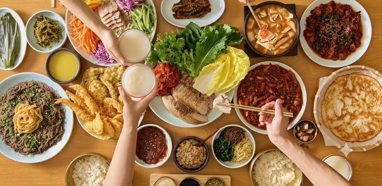 함께 식사하는 쌈보보쌈 한 상